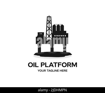 Ölplattform auf dem Meer, Offshore-Bohrungen für Gas und Erdöl Logo-Design. Сentral Verarbeitungsplattform zur Trennung von Wasser, Gas und Kondensat. Stock Vektor