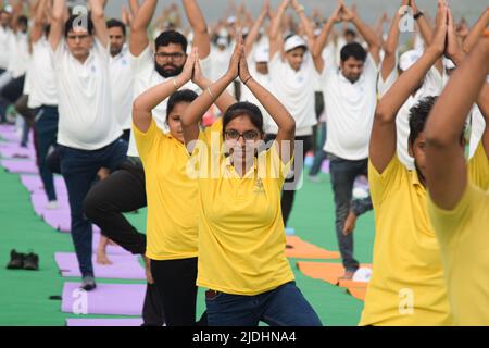 Neu Delhi, Neu Delhi, Indien. 21.. Juni 2022. Am Ufer des Yamuna River führen Menschen Yoga anlässlich des Internationalen Yoga-Tages durch. (Bild: © Kabir Jhangiani/Pacific Press via ZUMA Press Wire) Stockfoto