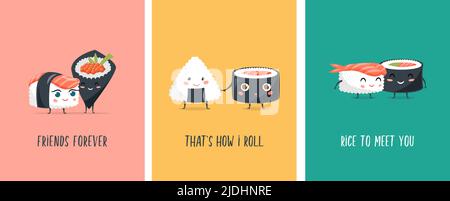 Witziges Sushi-Konzept mit Sushi-Figuren. Niedliche Vektorgrafiken Stock Vektor
