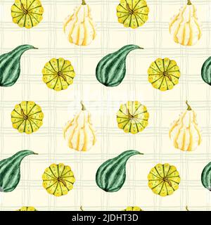 Orangefarbener und grüner Kürbis auf einem Zellhintergrund. Aquarell Nahtloses Muster mit Kürbissen. Herbstdesign für Thanksgiving und Halloween.Design für Menü Stockfoto