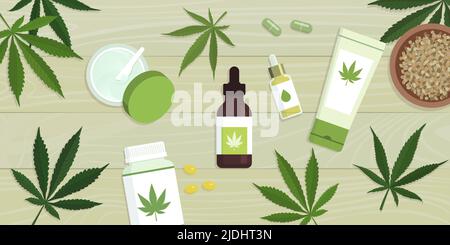 Hanfkosmetik, cbd-Öl und Cannabismedizin mit Hanfblättern Stock Vektor