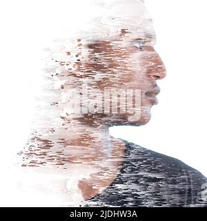 Pixelsort-Effekt kombiniert mit einem Porträt eines schwarzen Mannes Stockfoto