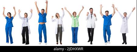 Set Sammlung von Porträts in voller Länge von glücklichen Ärzten und Krankenschwestern medizinisches Personal mit erhobenen Armen isoliert auf weißem Hintergrund Stockfoto