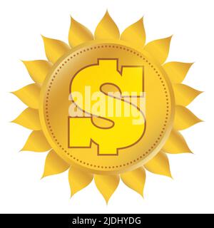 Isolierte goldene, sonnenförmige Münze mit Währungssymbol darin und gepunktetem Rahmen. Stock Vektor
