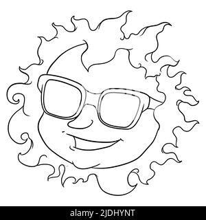 Fröhliche und entspannte Sonne mit cooler Geste und Sonnenbrillen im Sommer. Illustration in Umrissen zu Malaktivitäten. Stock Vektor