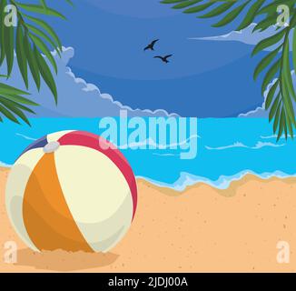 Sommerszene mit entspannendem Blick auf den Strand, blauem Himmel, fliegenden Möwen, Palmenblättern und Strandball. Stock Vektor