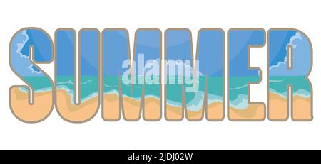 Saisonales Schild mit Doppelbelichtungseffekt, das den Sommer mit Buchstaben ankündigt, die einen schönen Strand und eine schöne Meereslandschaft zeigen. Stock Vektor
