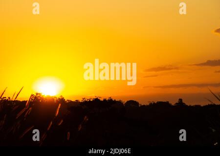 Goiania, Goiás, Brasilien – 19. Juni 2022: Ein wunderschöner goldener Sonnenuntergang am Horizont, von einer Autobahn aus gesehen in der Stadt Goiania. Stockfoto