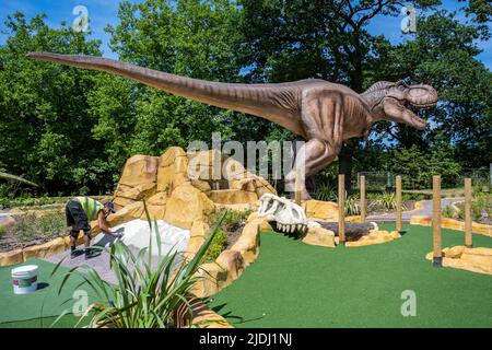 London, Großbritannien. 21. Juni 2022. Der Jurassic Island, ein verrückter Golfplatz im Dinosaurier-Stil, der in Harrow gebaut wird, macht den letzten Schliff. Lebensgroße Dinosaurier sind zwischen den Löchern auf dem Golfplatz eingestreut, der am 2. Juli für die Öffentlichkeit zugänglich ist. Kredit: Stephen Chung / Alamy Live Nachrichten Stockfoto