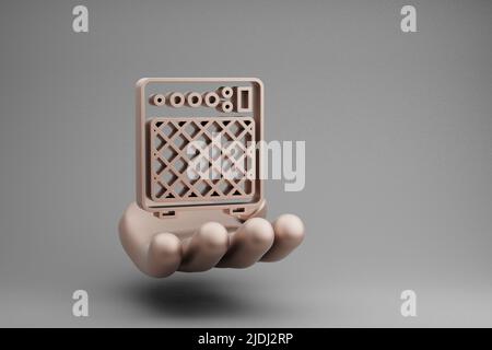 Schöne abstrakte Illustrationen Golden Hand Holding musikalische E-Gitarre Verstärker Symbol-Symbol auf einem grauen Hintergrund. 3D Rendering-Illustration. Ba Stockfoto