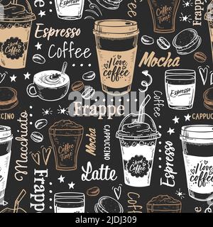 Schöne handgezeichnete Kaffee nahtlose Muster, niedlichen Doodle Hintergrund, ideal für Banner, Tapeten, Verpackung, Stoffe - Vektor-Design Stock Vektor