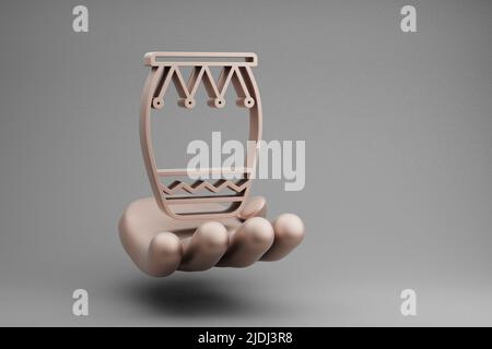 Schöne abstrakte Illustrationen Golden Hand Holding Musical Big Bongo Symbol Symbol auf einem grauen Hintergrund. 3D Rendering-Illustration. Hintergrundmuster Stockfoto