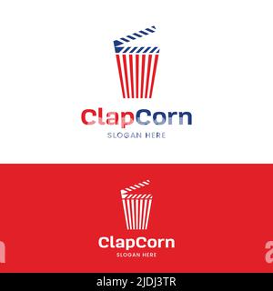 Pop Corn with Clapper Board Logo Design-Vorlage. Geeignet für die Cinematographie Video Film Filmproduktion Studio Cinema Theatre Industry Label Stock Vektor