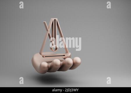 Schöne abstrakte Illustrationen Goldene Hand Halten musikalische Big Metronome Symbol Symbol auf einem grauen Hintergrund. 3D Rendering-Illustration. Hintergrund-Pat Stockfoto