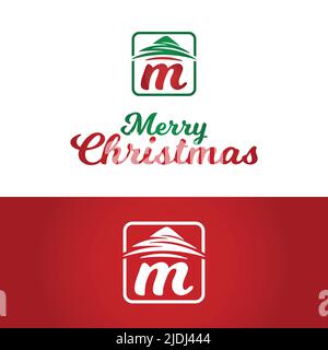 Letter Initial M Frohe Weihnachten mit Pines Tree Logo Design-Vorlage. Perfekt für Weihnachts- und Neujahrsgrüßkarten, Banner, Einladungen usw. Stock Vektor