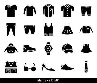 Vector Icon Set von Kleidung. Enthält Symbole wie Hemd, Hose, Jacke, Schuh, Hut, Rock, Krawatte, Uhr, brille, Unterhemd, Unterhemd. Durchgehende Symbolform, Stock Vektor