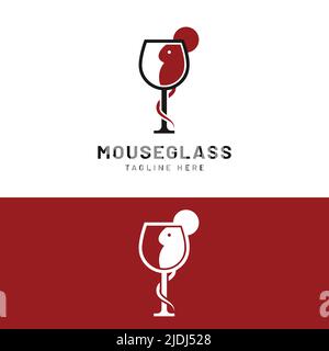 Rote Maus in Weinglas Logo Design-Vorlage. Geeignet für Bar Restaurant Cafe Winery Vineyard Pub Club Business Brand Company Logo Design. Stock Vektor