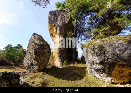 Erodierte Felsformationen des Naturparks der verzauberten Stadt Cuenca, Spanien. Stockfoto