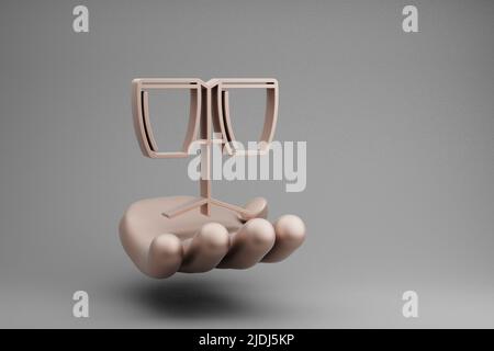 Schöne abstrakte Illustrationen Goldene Hand hält Musical zwei Bongos Symbol Symbol auf einem grauen Hintergrund. 3D Rendering-Illustration. Hintergrundmuster Stockfoto