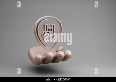 Schöne abstrakte Illustrationen Golden Hand Holding Musical Gitarre Plektrum mit Hand Symbol Symbol auf einem grauen Hintergrund. 3D Rendering-Illustration. Ba Stockfoto
