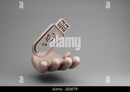 Schöne abstrakte Illustrationen Golden Hand Holding Musical Pendrive Device Symbol Symbol auf einem grauen Hintergrund. 3D Rendering-Illustration. Hintergrund p Stockfoto
