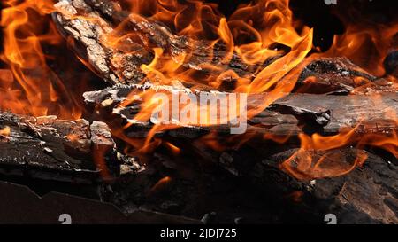 Brennendes Feuerholz aus nächster Nähe. Grillholz, Flammenfeuer, Asche-Kohlen im Freien. Rauch, der von brennenden Holzstämmen aufgeht, Lagerfeuer, orange Flammen Stockfoto