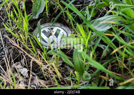 VW-Symbol mit Gras überwuchert Stockfoto