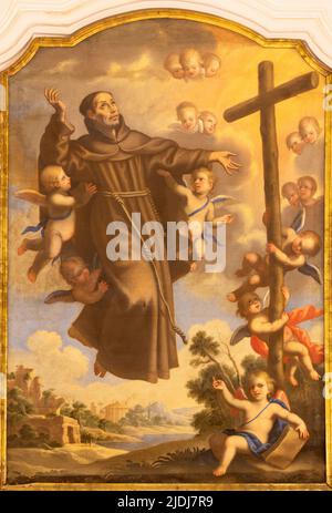 MONOPOLI, ITALIEN - 6. MÄRZ 2022: Das Gemälde der Apotheose des heiligen Franziskus von Assisi mit dem Kreuz in der Kirche Chiesa di San Antonio Stockfoto