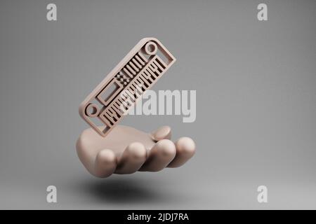 Schöne abstrakte Illustrationen Golden Hand Holding musikalische lange Synthesizer Symbol Symbol auf einem grauen Hintergrund. 3D Rendering-Illustration. Hintergrund Stockfoto