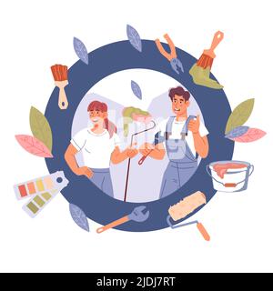 Haus Renovierung Malerei und Reparatur arbeitet buntes Emblem, flache Vektor-Illustration isoliert auf weißem Hintergrund. Emblem mit Werkstatt und Maler i Stock Vektor