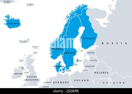 Skandinavien, politische Landkarte. Eine Unterregion in Nordeuropa, die sich am häufigsten auf Dänemark, Norwegen und Schweden bezieht. Stockfoto