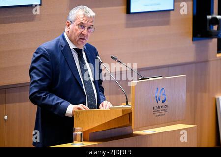 Föderation Wallonien - der Präsident des Brüsseler Ministers Pierre-Yves Jeholet wurde während der Feierlichkeiten zum 50. Jahrestag des parlaments der Föderation Wallonie Brüssel (Federatie Wallonie Bruxelles - Federatie Wallonie Brussel) in Brüssel am Dienstag, den 21. Juni 2022, abgebildet. BELGA FOTO LAURIE DIEFFEMBACQ Stockfoto