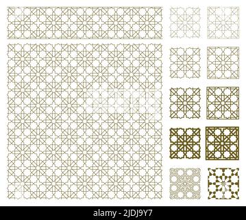 Eine Reihe von großen Mustern, Rändern, kleinen Mustern, Rahmen mit Linien unterschiedlicher Dicke. Ein Ornament aus Figuren. Arabischer geometrischer Stil.für fabri Stock Vektor