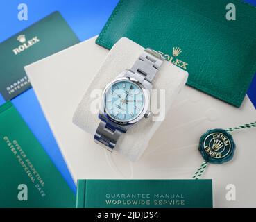 Rolex Oyster Perpetual, Chronometer der Superlative, offiziell zertifiziert. Tiffany Türkisblau Gesicht. Stockfoto