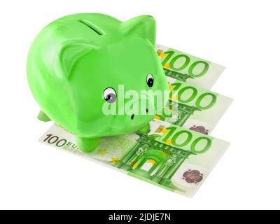 Grünes Sparschwein und 300 Euro auf weissem Hintergrund Stockfoto