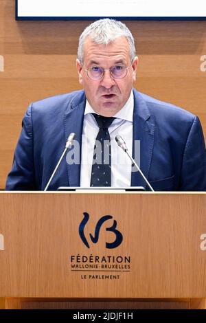 Föderation Wallonien - der Präsident des Brüsseler Ministers Pierre-Yves Jeholet wurde während der Feierlichkeiten zum 50. Jahrestag des parlaments der Föderation Wallonie Brüssel (Federatie Wallonie Bruxelles - Federatie Wallonie Brussel) in Brüssel am Dienstag, den 21. Juni 2022, abgebildet. BELGA FOTO LAURIE DIEFFEMBACQ Stockfoto