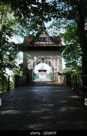 Berlin, Deutschland, 14. Juni 2022, Blick durch den Torbogen des uferseitigen stoop-Hauses zum Insel-seitigen Brückenhaus auf der Isle of Youth. Stockfoto