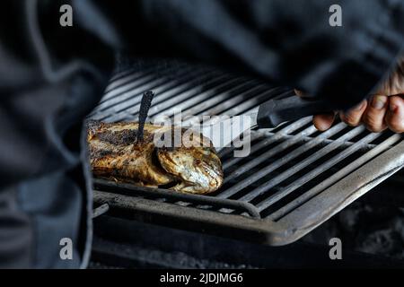 Prozess des Grillens von Fisch aus der ganzen Meeresbrasse auf einem Grill über heißer Kohle. Gegrillter Dorado Stockfoto