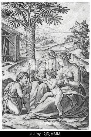 Druck mit dem Titel 'Madonna della Palma' oder 'Madonna vom Palmenbaum' des italienischen Künstlers Marcantonio Raimondi (um 1470/82 – um 1534), um 1525, nach einem Entwurf von Raphael (1483 - 1520). Stockfoto