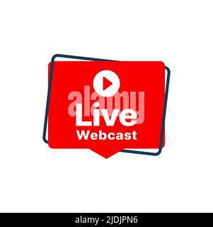 Live-Webcast oder Webinar-Symbol für Vektor-Online-Bildung mit roter Sprechblase und Wiedergabetaste. Webseminar, virtueller Schulungskurs oder Videostunde isoliertes Symbol, Podcast zur Streaming-Medientechnologie Stock Vektor