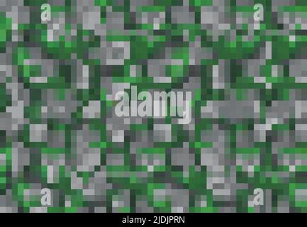 Khaki, Camouflage Pixel Spiel Hintergrund mit Gras und Bodenblöcke. Steinmauer mit Moos, Erde und Pflanzen pixelige Textur. Retro-Computerspiel, acht-Bit-Arcade-Plattform-Vektor-Hintergrund Stock Vektor