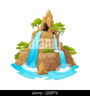 Der Wasserfall des Flusses fällt von den Klippen, die Dschungelinsel, malerische Touristenattraktion. Vektor-Cartoon-Landschaften exotische Bäume und Felsen, strömende Wasserfall Stock Vektor