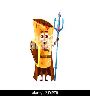 Cartoon mexikanische Chimichanga Verteidiger Charakter mit Vektor Schild, Dreizack Speer und Umhang. Gebratener Burrito-Superheld oder Wache von tex mex Fast Food Tortilla Rolle mit Fleisch, lustige Wrap Sandwich Stock Vektor