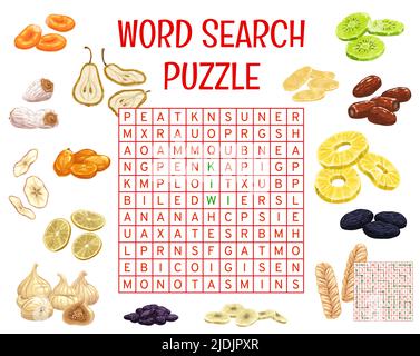 Getrocknete Früchte und Snacks auf Wortsuche Puzzle-Spiel Arbeitsblatt. Kinder-Quiz-Raster, logisches Spiel oder Kinder-Intelligenztest mit Vokabeln und Alphabet-Lernaktivität. Kind pädagogische Puzzle-Rätsel Stock Vektor