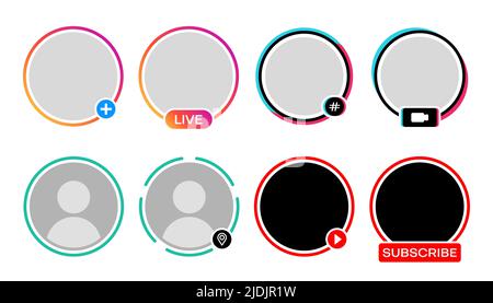 Avatar-Frames in sozialen Medien, Live-Video-Symbole für Instagram-Geschichte, Vektor-Gradient-Kreis-Vorlagen. Benutzerprofil oder Avatar-Frame für den Broadcast-Stream in sozialen Medien mit Tags für Abonnement, Wiedergabe und Hashtag Stock Vektor