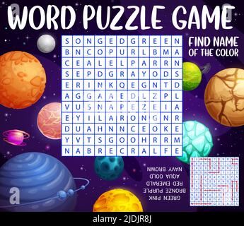 Fantastische Universum Galaxie Raum Planeten Wortsuche puzzle, Spiel Arbeitsblatt, Kinder Quiz Gitter. Vektor Kreuzworträtsel für Kinder mit Cartoon kosmische Welt und Planeten, finden Wörter Aufgabe Stock Vektor