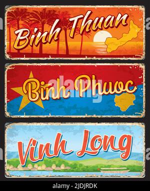 Vinh Long, Binh Phuoc, Binh Thuan vietnamesische Provinzen Vektor Reise-Platten und Aufkleber. Karte Silhouetten und Flagge von Vietnam Regionen, Mui Ne Strandlandschaft, Palmen, Stadtbild, Trödelboot und Kanal Stock Vektor