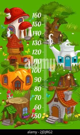 Kinder Höhendiagramm mit magischen Feenhäusern von Cartoon Elf Dorf, Vektor-Wachstum messen Meter. Babyhöhenmeter oder Kinderhochschuppen mit Feenhäusern oder Zwergenwohnungen in Kürbis, Teekannen und Stiefeln Stock Vektor