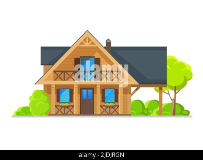 Zweistöckiges Wohnhaus mit Holzplankenfassade, Vektor-Hausbau der Immobilienarchitektur. Vorstädtische Holzhütte, Bungalow oder Hütte mit Balkon, offener Terrasse, Fensterläden Stock Vektor