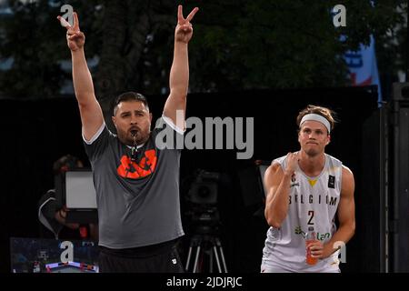 Der belgische Thibaut Vervoort, aufgenommen während eines 3x3-Basketballspiels zwischen Belgien und Ägypten, dem zweiten (von vier) Spiel der Männer-Qualifikationsphase bei der FIBA 2022-Weltmeisterschaft, am Dienstag, den 21. Juni 2022 in Antwerpen. Die FIBA 3x3 Basket World Cup 2022 findet vom 21. Bis 26. Juni in Antwerpen statt. BELGA FOTO DIRK WAEM Stockfoto